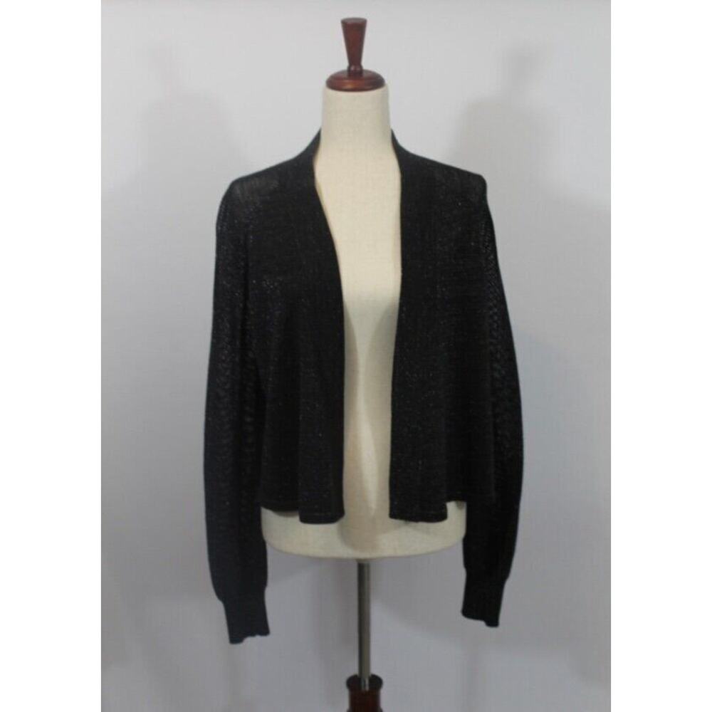 EILEEN FISHER Sz M Medium Black Metallic Sparkle Open Cardigan Sweater Merino Wo
